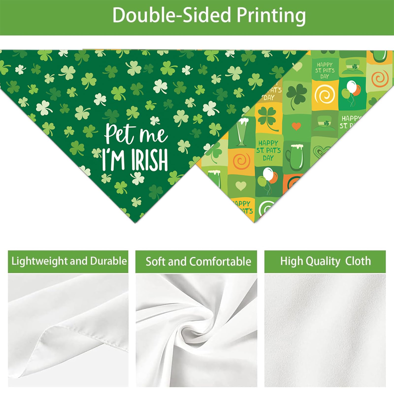 St Patricks Day Dog Bandanas - Lucky Shamrock Puppy Scarf - 2 Pcs Adjustable Triangle Double Layer Reversible Pet Bandanas For S