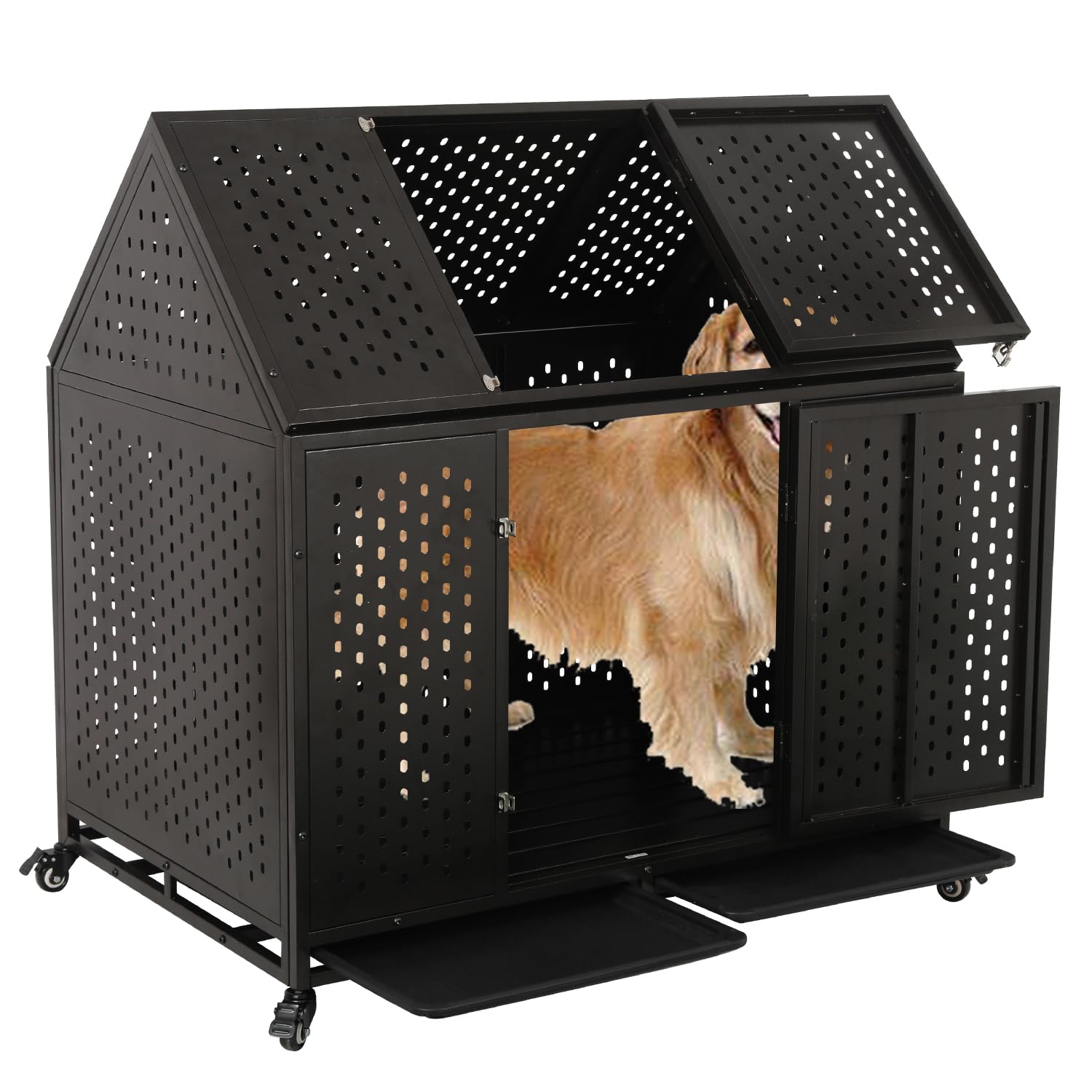 44 Inch Heavy Duty Indestructible Dog Crate, Escape Proof Dog Cage Kennel With Lockable Wheels, High Anxiety Double Door, Extra 