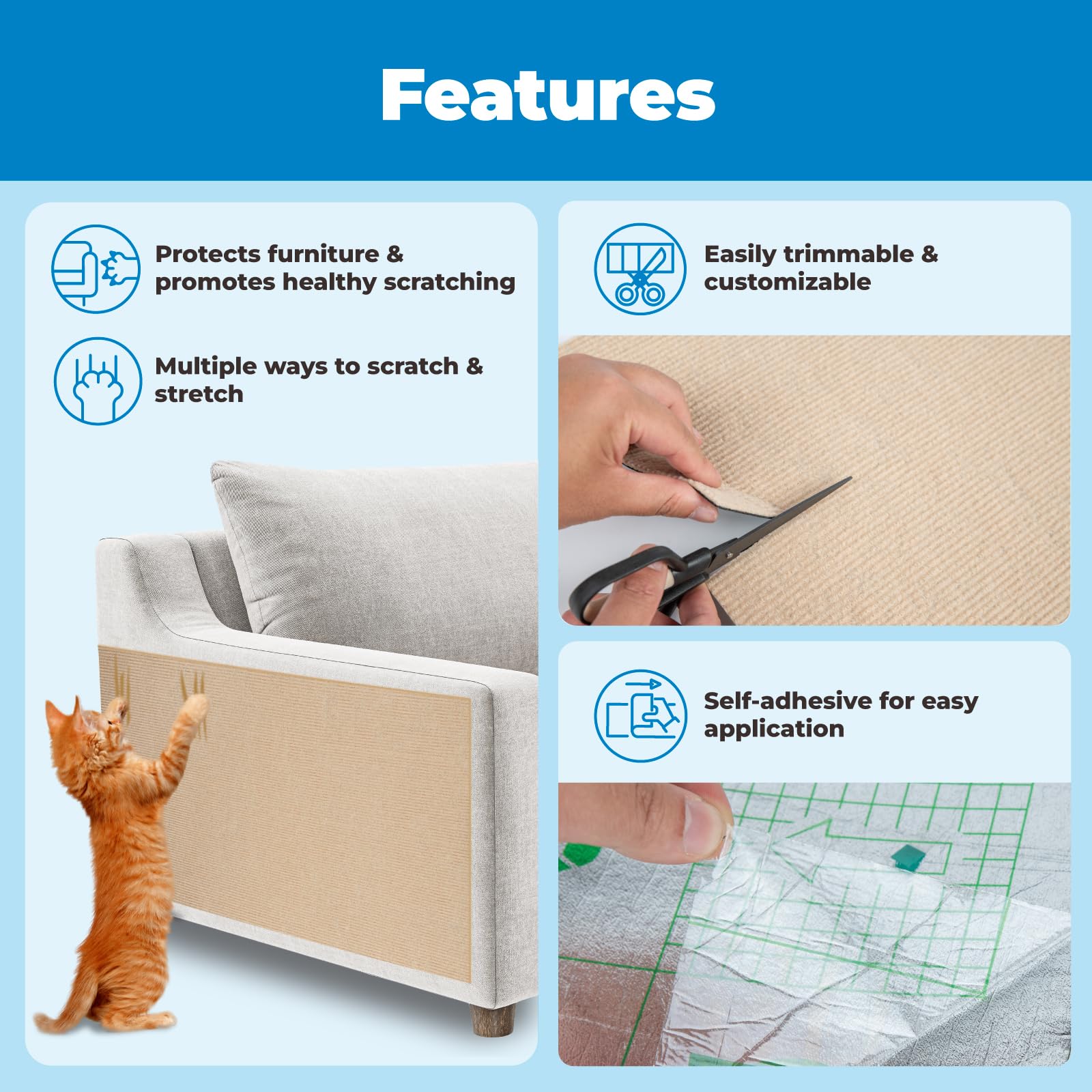 Best Pet Supplies Catify Peel & Stick Cat Scratching Mat - Self-Adhesive, Trimmable Cat Scratch Pad Cover - Carpet, Sofa, Furnit
