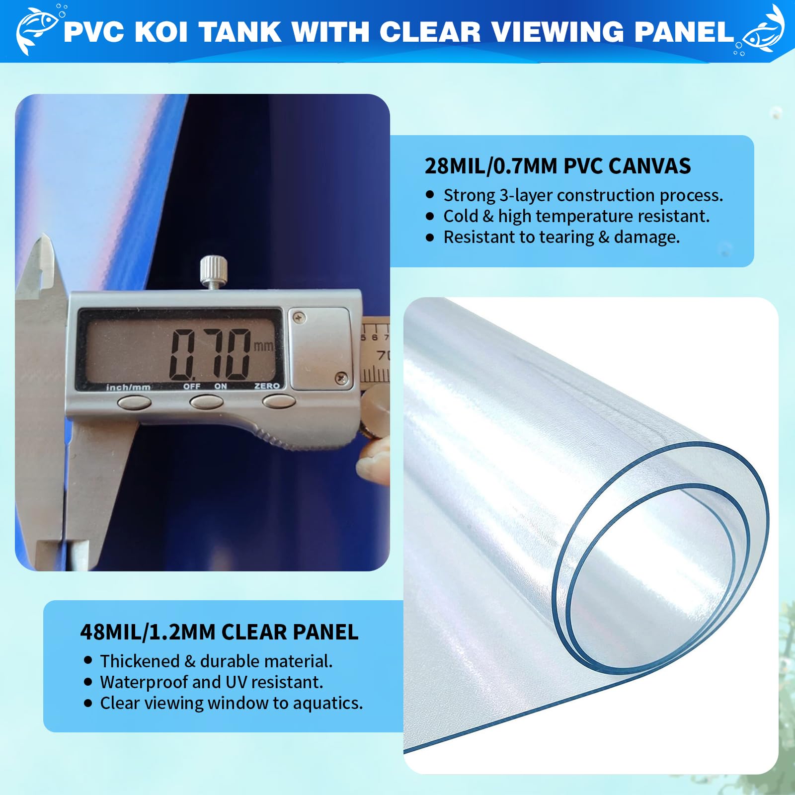 Pvc Koi Aquarium Tank, Temporary Fish Tank With Clear Viewing Panel, Koi/Goldfish Pond With 304Ss Frame & Drain Valve(70.9'' L*3