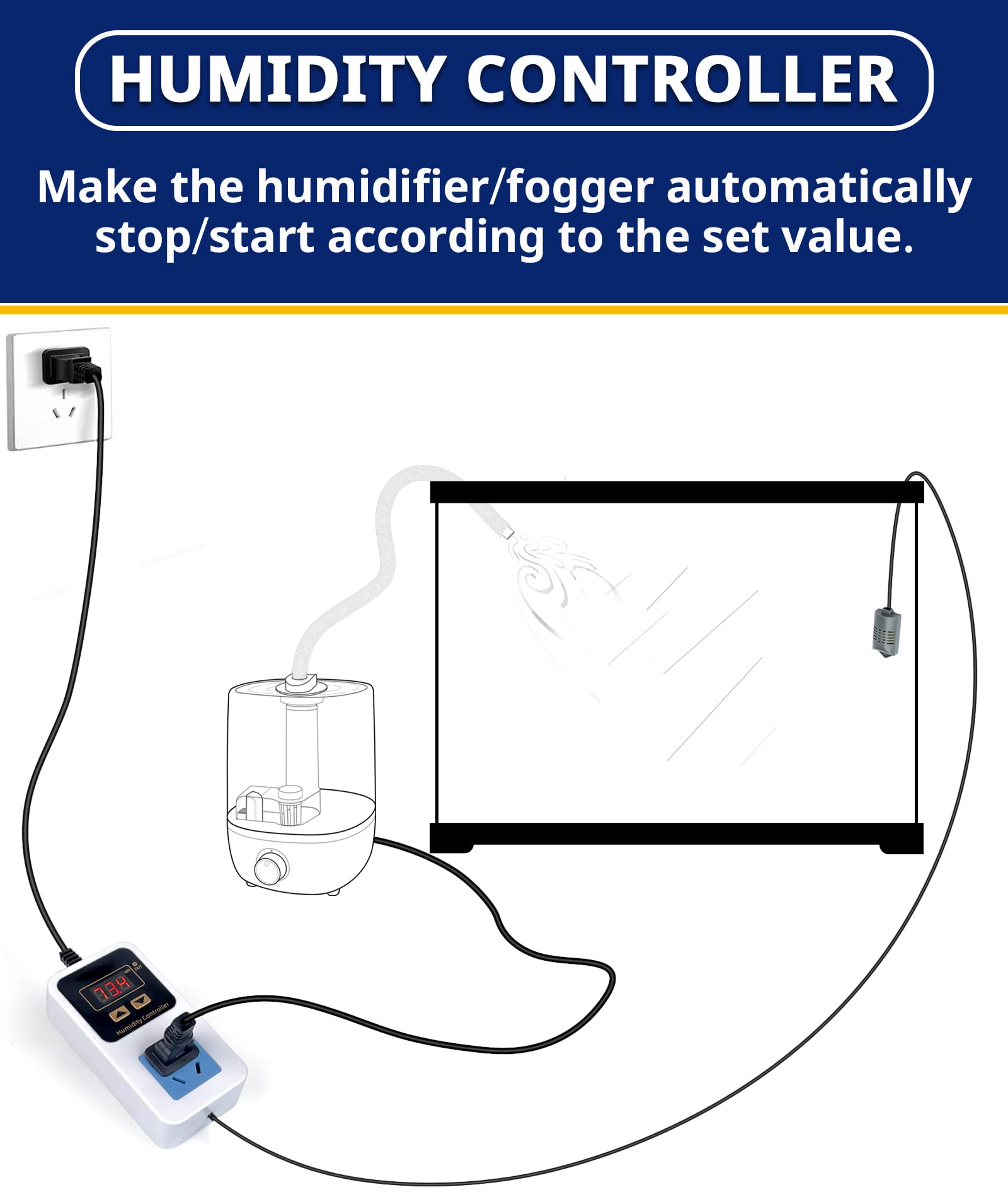 Reptile Humidity Controller, Keeps Reptile Foggers Running Only Within The Preset Humidity Range, Suitable For A Variety Of Reptile Humidifiers/Foggers Controlled By The Dial Knob, Easy To Use