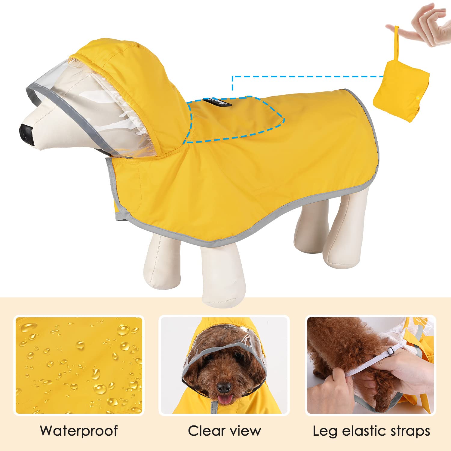 Slowton Dog Raincoat, Adjustable Dog Rain Jacket Clear Hooded Double Layer, Waterproof Poncho With Reflective Strip Straps And S