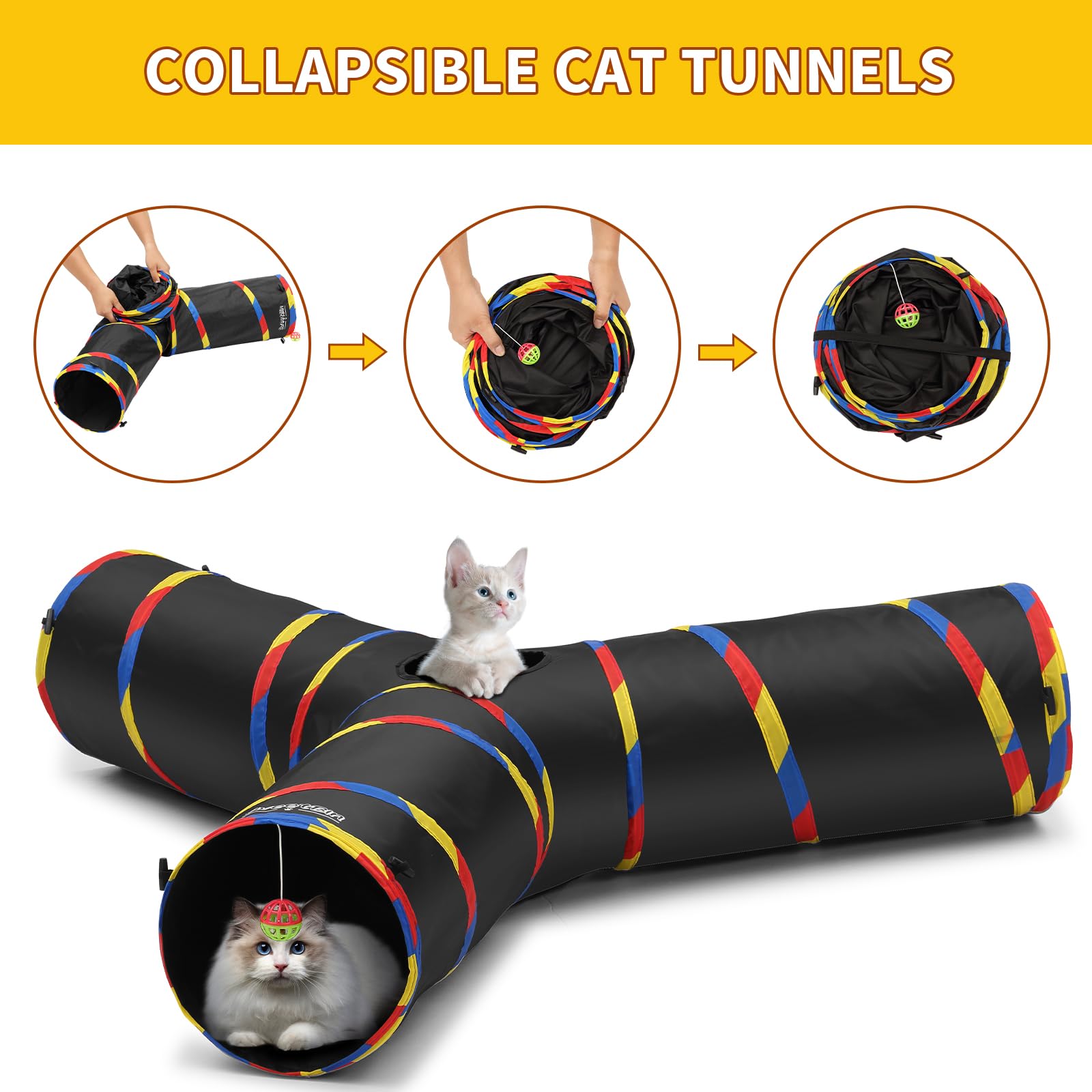 Sweetbin 3 Way Cat Tube Tunnel - Indoor Cat Toy Tunnels Includes Crinkle Paper, Mouse Toy - Connect More Tunnels - Pop Up Collapsible - 10 Inch Diameter (Blue)
