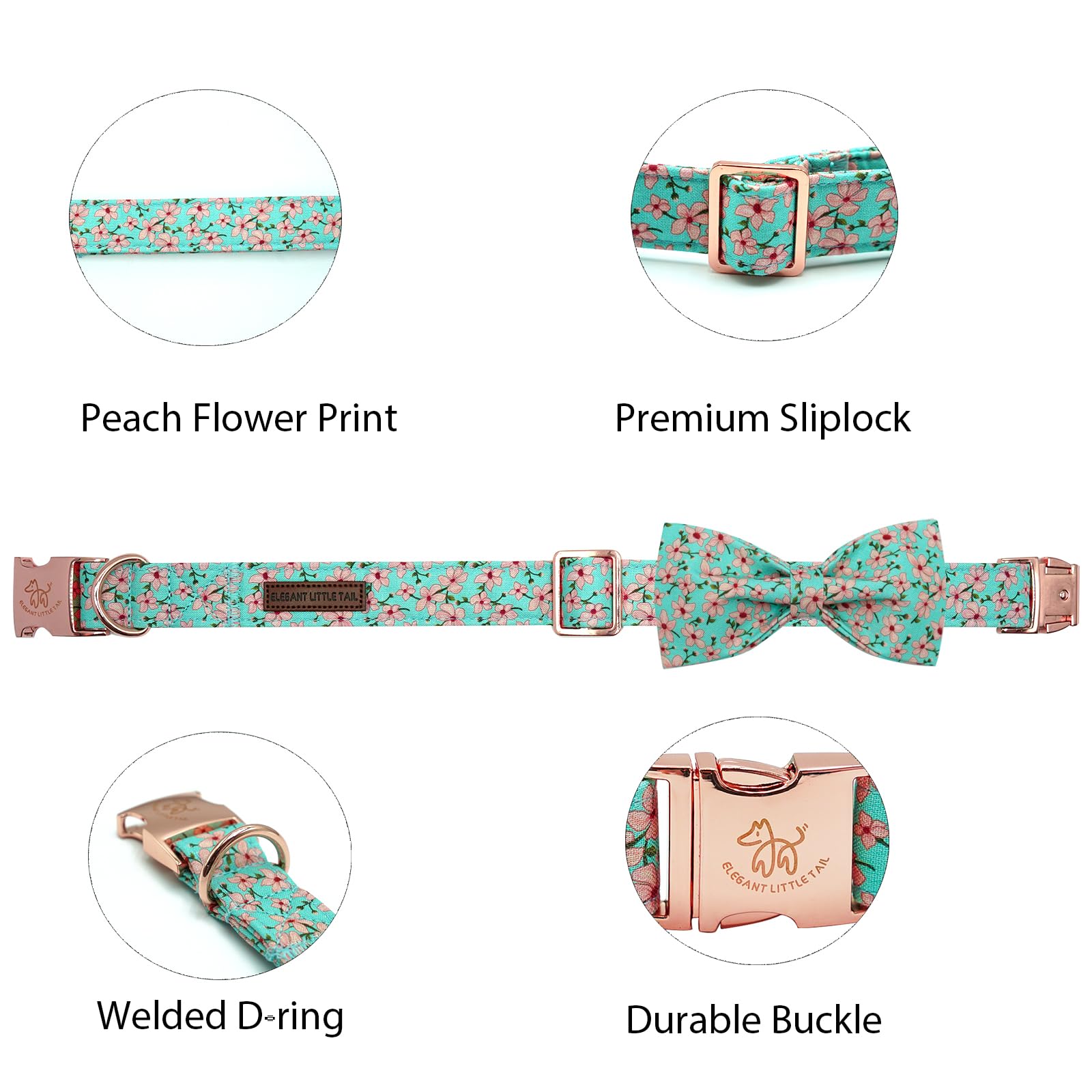Elegant little tail Dog Collar, Spring Pet Collar with Bow Dog Durable Pink Flower Print Dog Collars Girl Pet Gift Adjustable Do