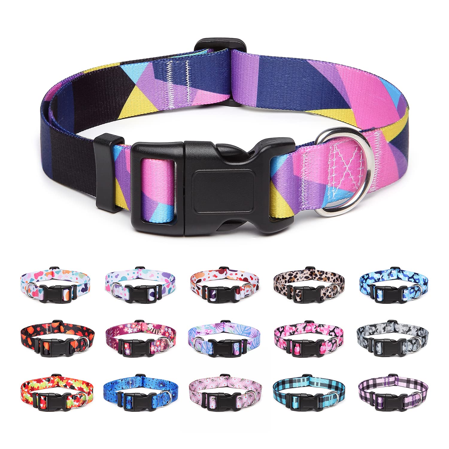 Suredoo Adjustable Dog Collar With Patterns, Ultra Comfy Soft Nylon Breathable Pet Collar For Small Medium Large Dogs (S, Purple Geometry)