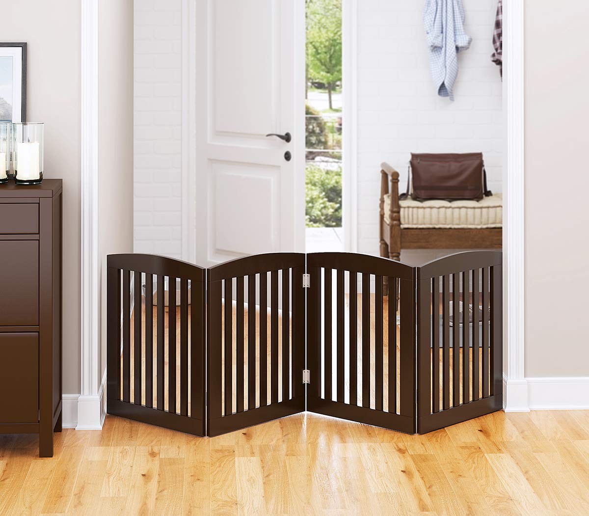Pawland Wooden Freestanding Foldable Pet Gate For Dogs, 24 Inch 4 Panels Step Over Fence, Dog Gate For The House, Doorway, Stairs, Extra Wide (Espresso, 24' Height-4 Panels)
