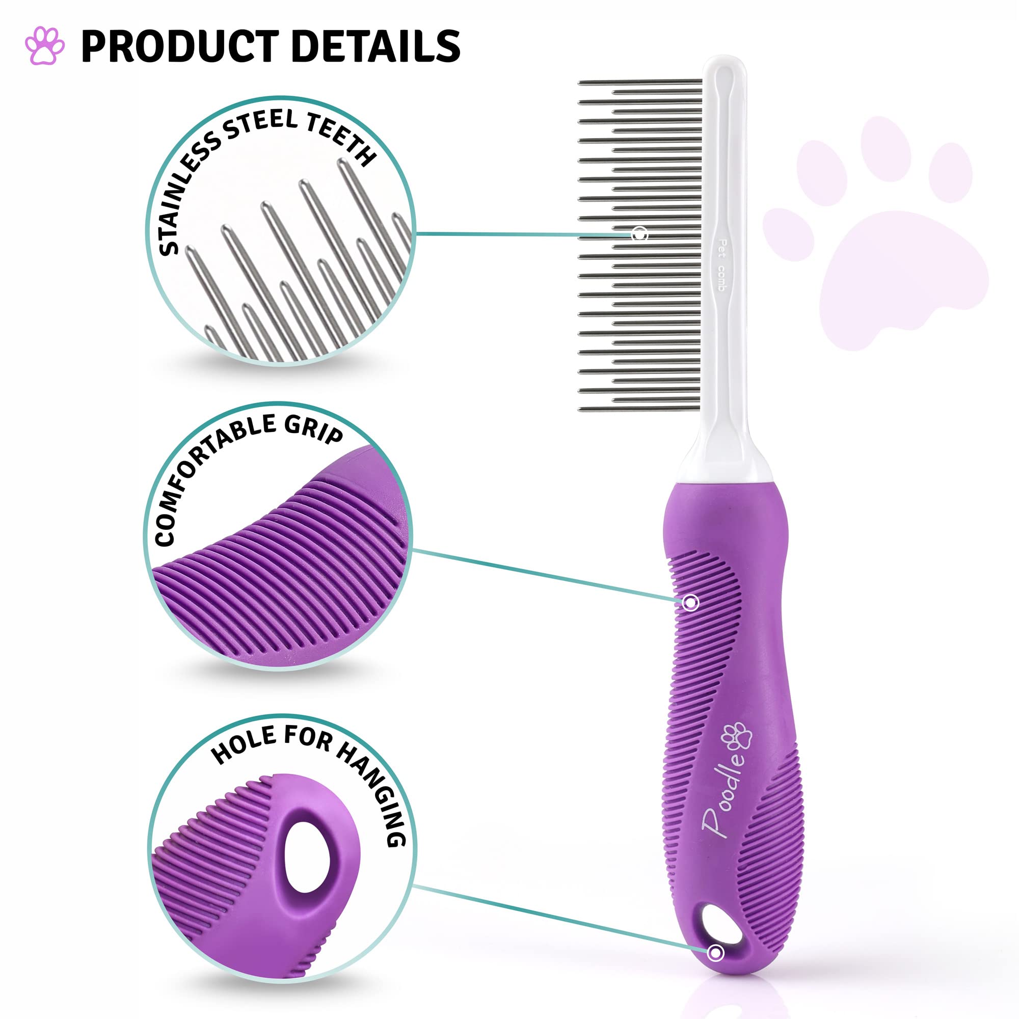 Poodle Pet Detangling Pet Comb With Long & Short Stainless Steel Teeth For Removing Matted Fur, Knots & Tangles – Detangler Tool Accessories For Safe & Gentle Diy Dog & Cat Grooming