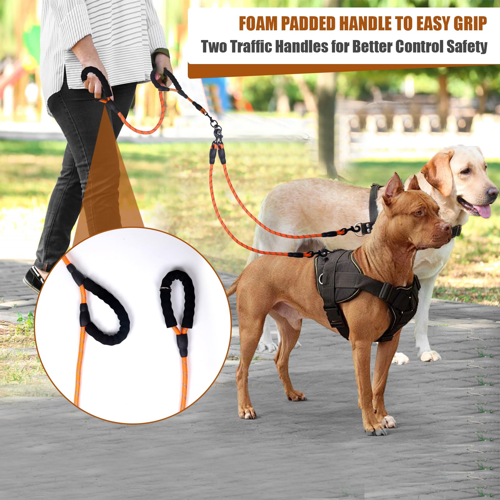 Dual Leash - Exceptional 360 Anti-Tangle & No Pull Leash For Small & Medium Dogs - Double Handle & Reflective - Orange, 2 Way
