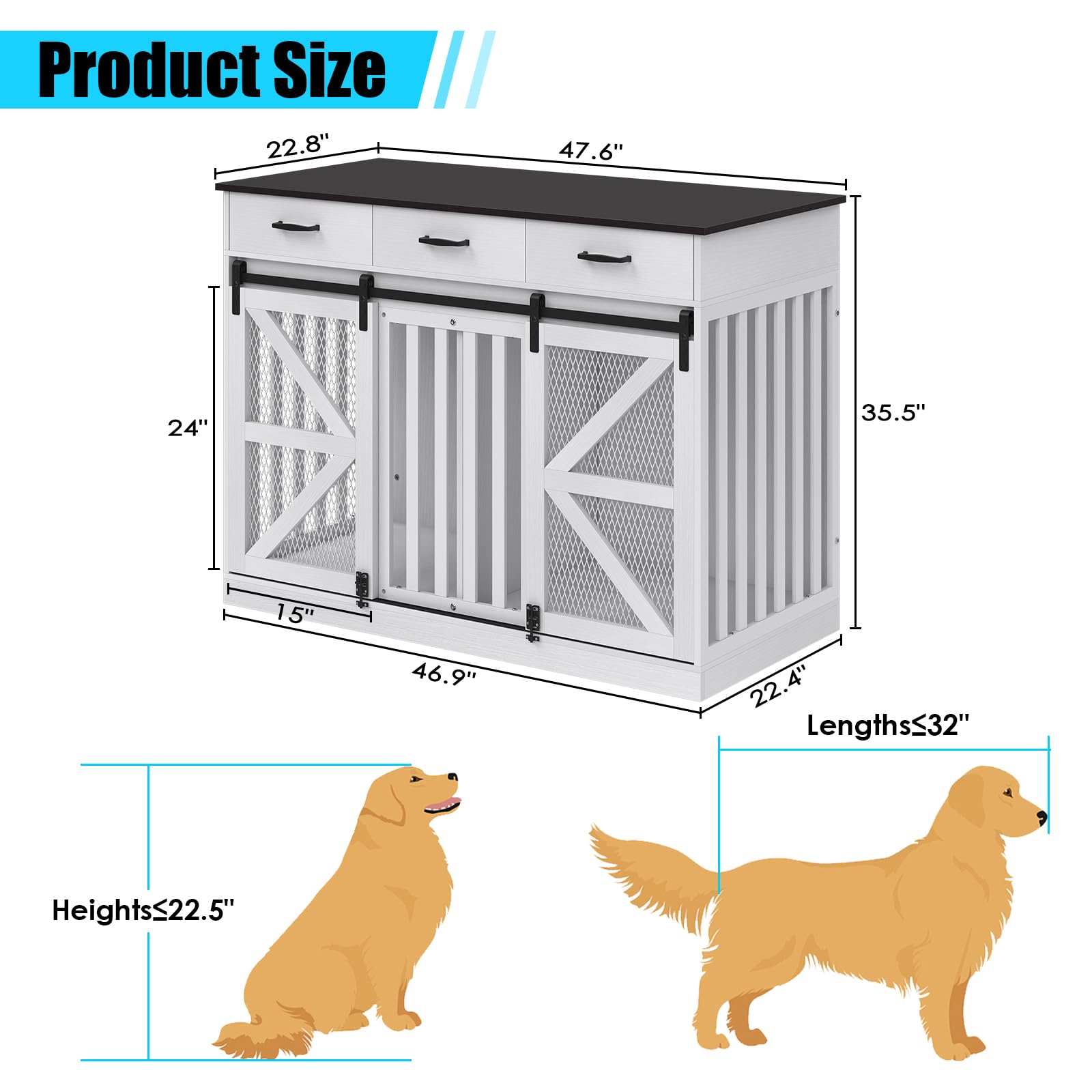47 Inch Wooden Dog Crate Furniture for 2 Dogs with Removable Divider & Storage Drawers, Double Door Kennel for Medium and Extra