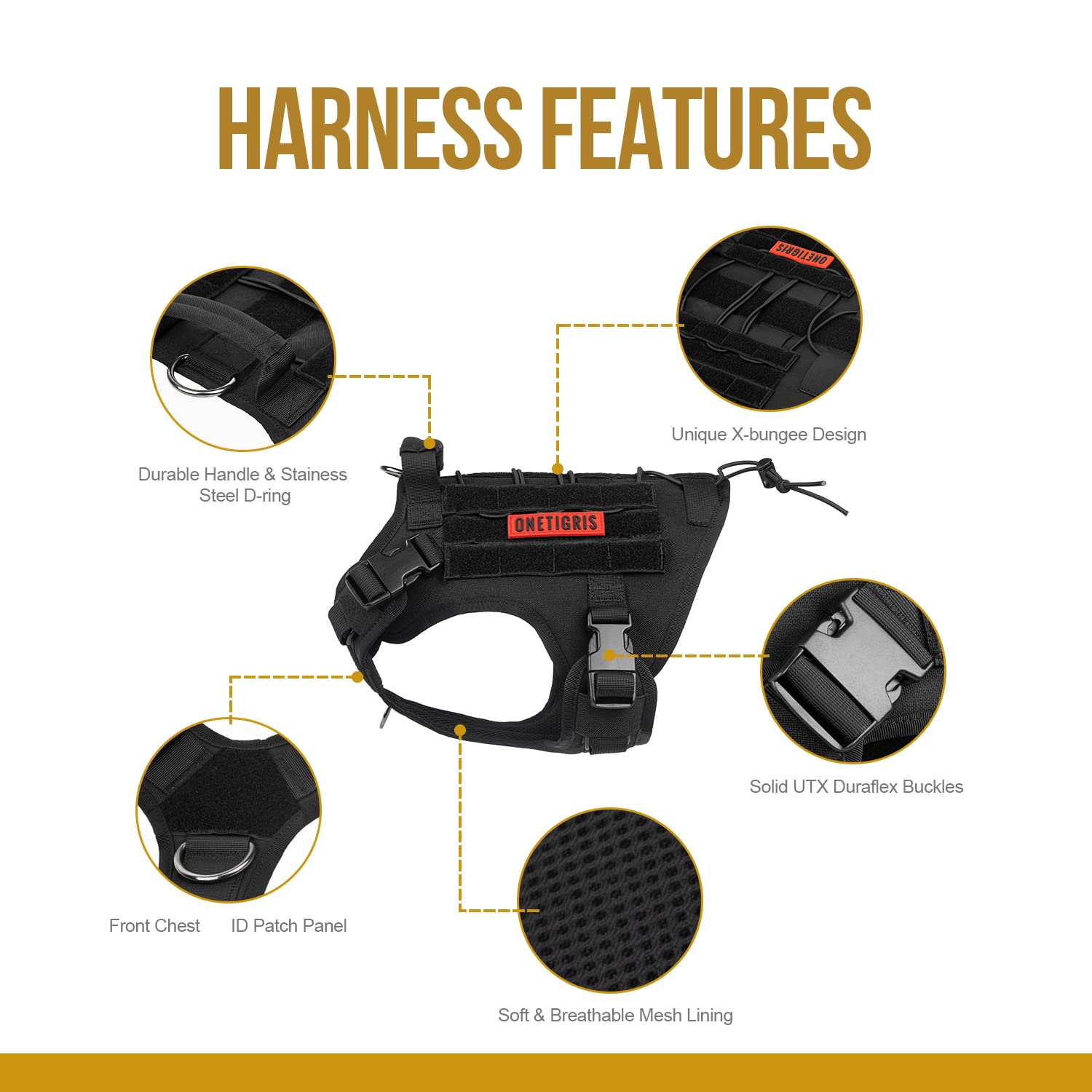 OneTigris Tactical Dog Harness - Fire Watcher Comfortable Patrol Vest (Black, Large)