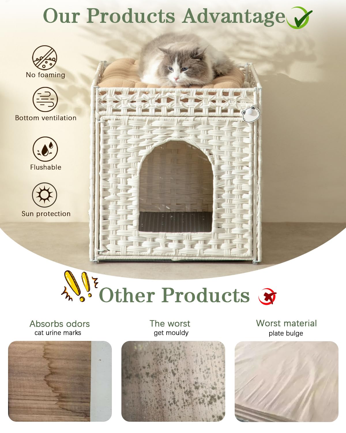 Setvson Cat Litter Box Enclosure Furniture, Hidden Litter Box With Mat And Fence, Handwoven Rattan Cat House With Two S-Shaped H