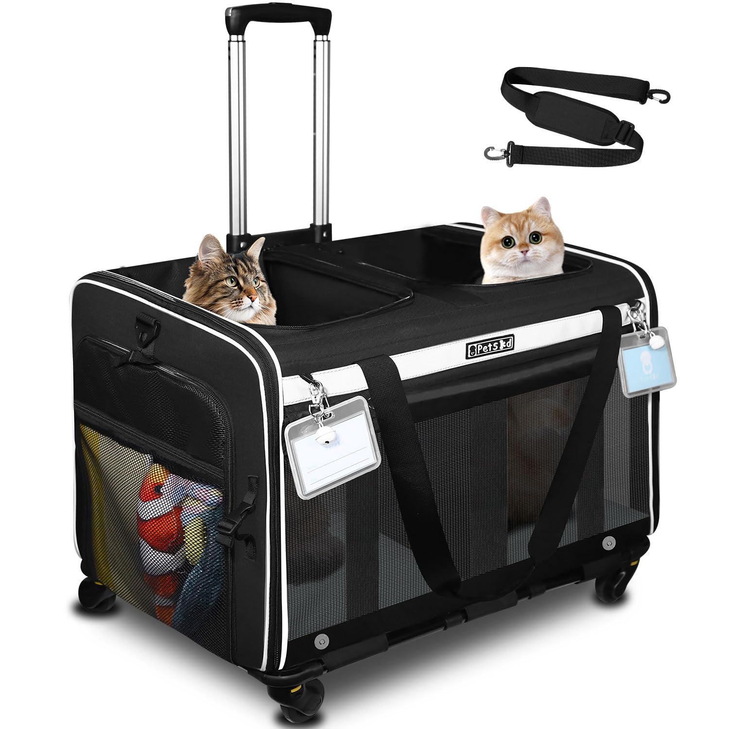 Petskd Large Rolling 2 Compartments Pet Carrier For 2 Cats Or A Medium Dog, 24''X 17''X 15'' Double Cat Carrier With Wheels And 