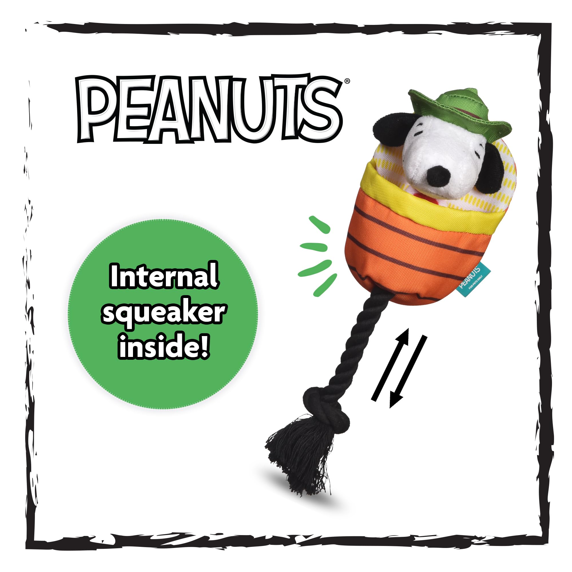 Peanuts For Pets Interactive Camping Themed Snoopy Plush Toy With Sliding Rope - Durable Dog Tug Toy For Large Dogs And Aggressi