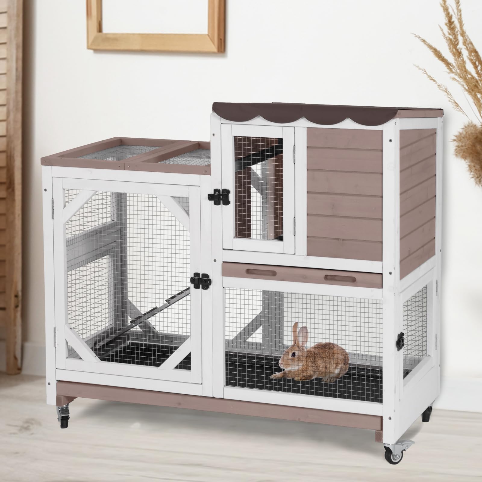 Aivituvin Rabbit Cage Indoor Outdoor Bunny Hutch On Wheels, 2 Story Wood Guinea Pig Cages With 2 Deeper Pull Out Trays