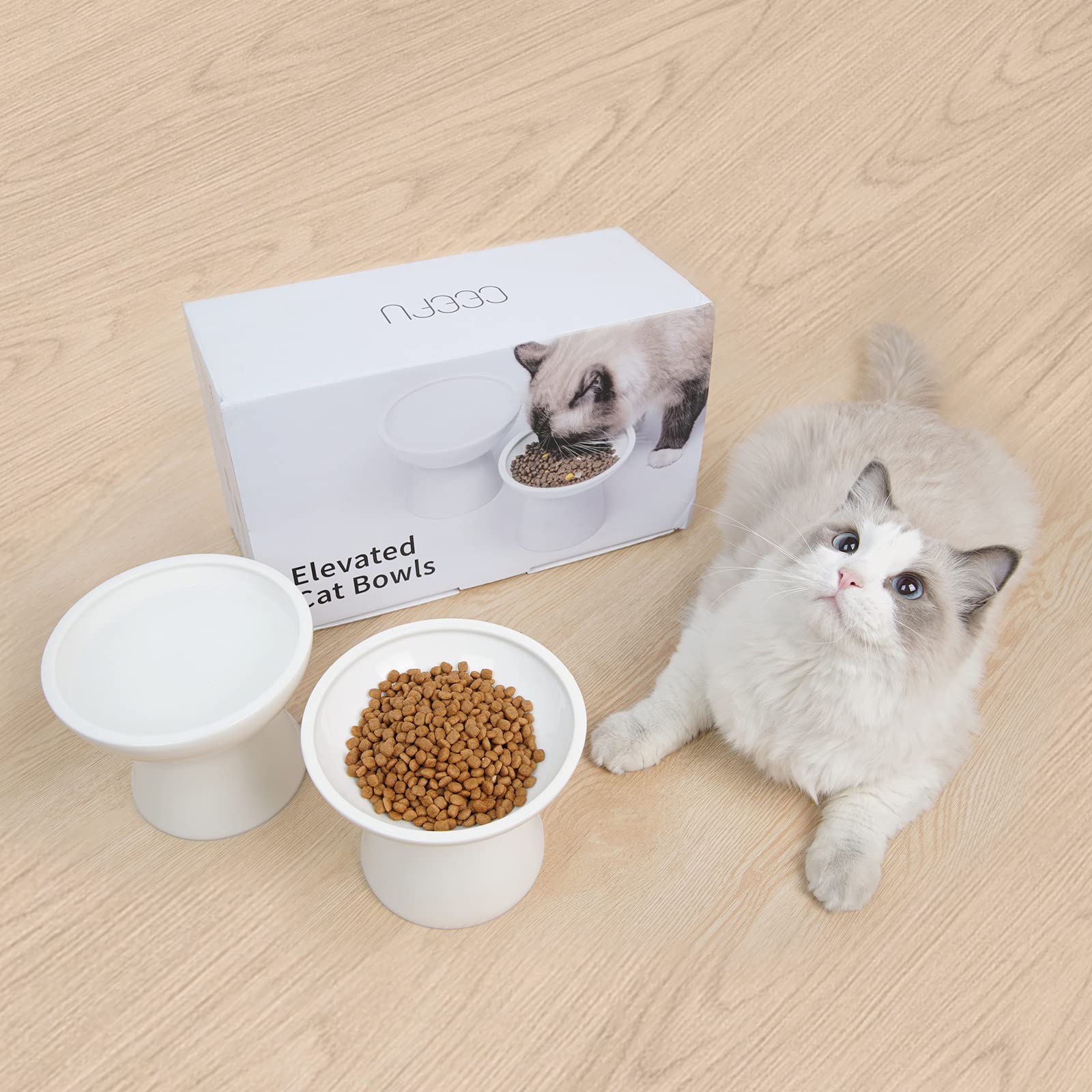 CEEFU Extra Wide Elevated Ceramic Cat Water Bowl - 6.2  Deeper Dish for Whisker Fatigue Relief, 5  Height for Easy Feeding, Lead