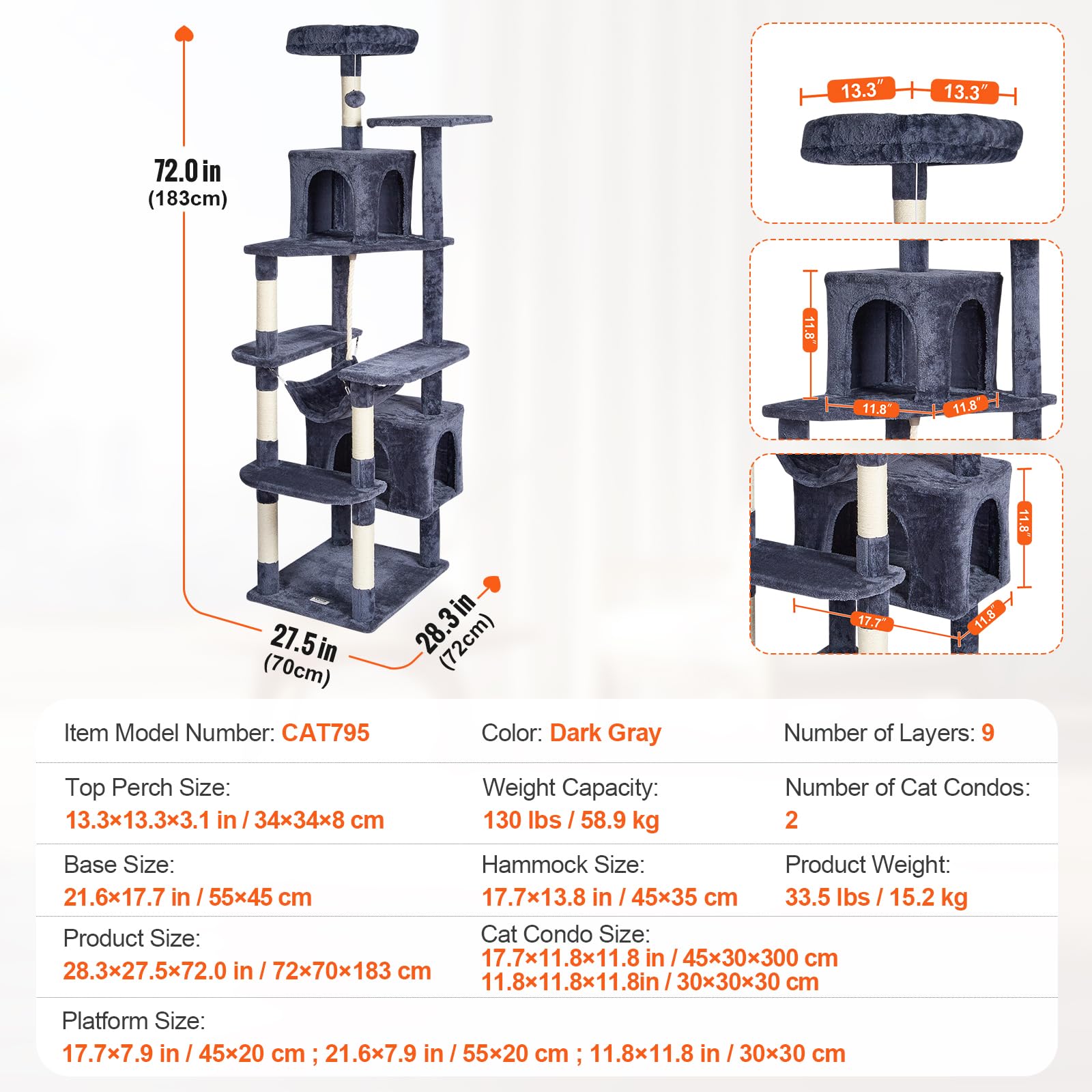 VEVOR Cat Tree 72 Cat Tower with 2 Cat Condos Sisal Scratching Post Dark Grey