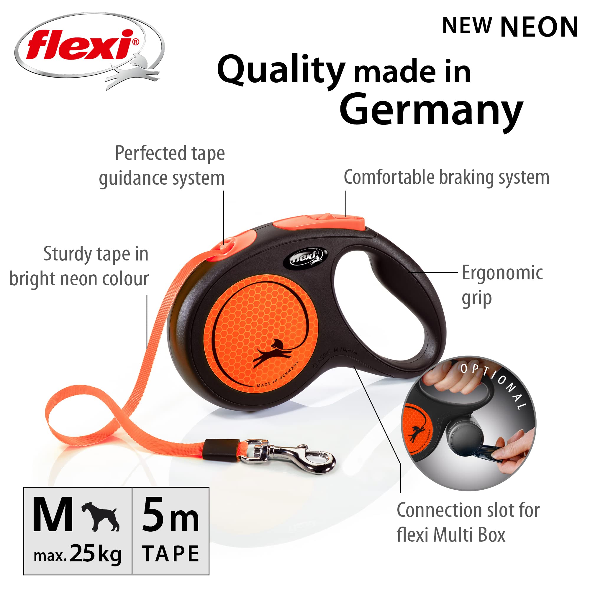 Flexi New Neon Tape Orange Medium 5M Retractable Dog Leash/Lead For Dogs Up To 25Kgs/55Lbs