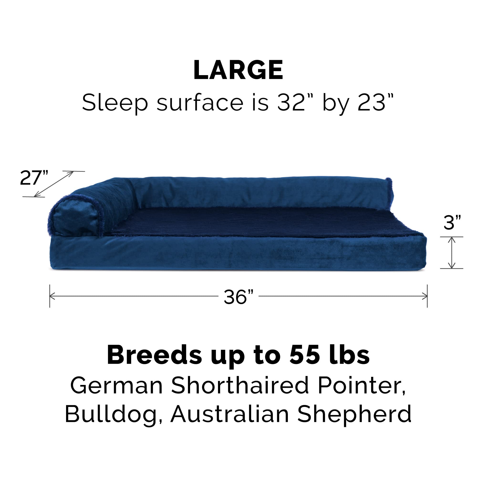 Furhaven Orthopedic Dog Bed For Large/Medium Dogs W/ Removable Bolsters & Washable Cover, For Dogs Up To 55 Lbs - Plush & Velvet L Shaped Chaise - Deep Sapphire, Large