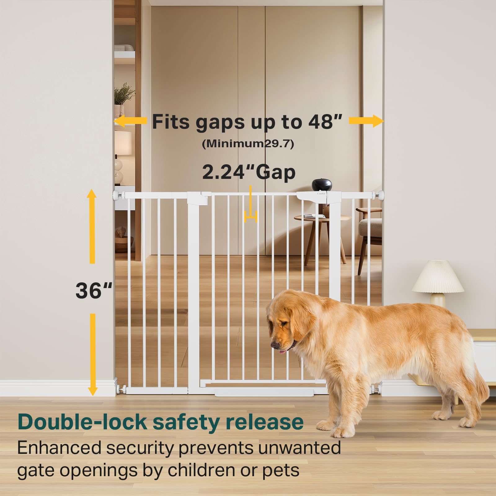 Cumbor 36' Extra Tall Baby Gate For Stairs, 29.7-48' Wide Dog Gates For Doorways, Auto Close Safety Gate For Babies And Pets, Easy Install, Pressure Mounted, Fits Doorways, Stairs, Entryways, White