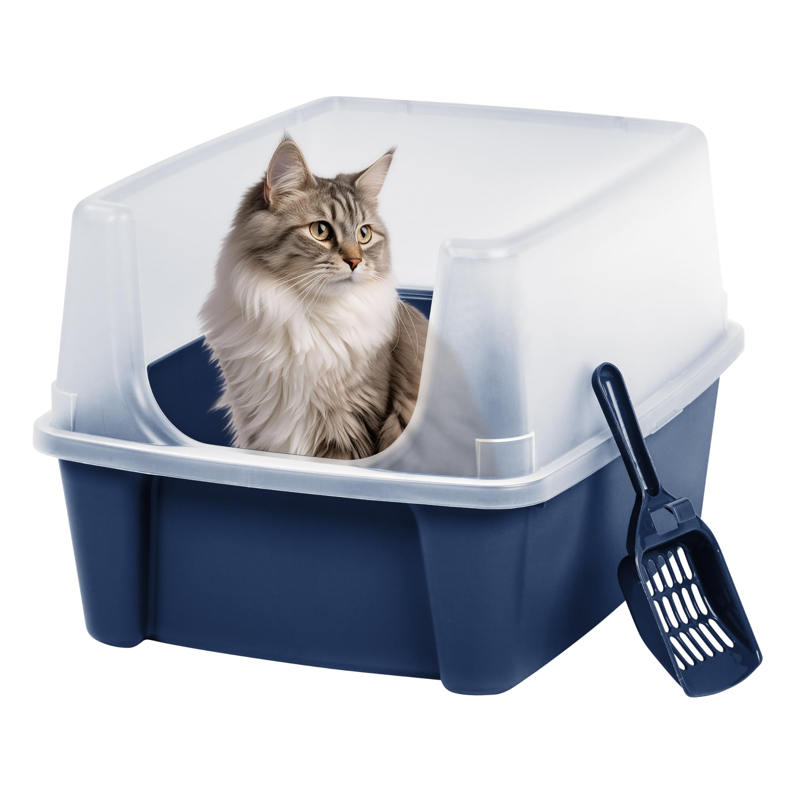 IRIS USA High Sided Cat Litter Box with Scatter Shield and Scoop, Open Top Cat Litter Pan, Navy
