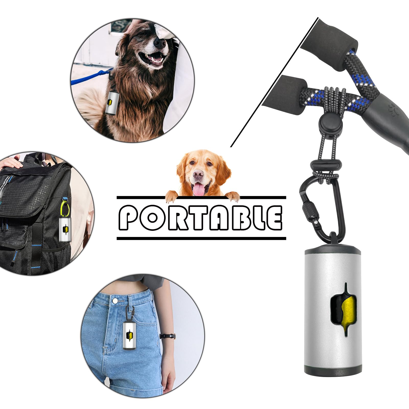 Shaouman Metal Dog Poop Bags Holder Aluminum Poo Bags Dispenser With 15 Black Unscented Pet Waste Bags And 3 Leash Accessories For Dog Walking(1 Holder 15 Bags,Silver)