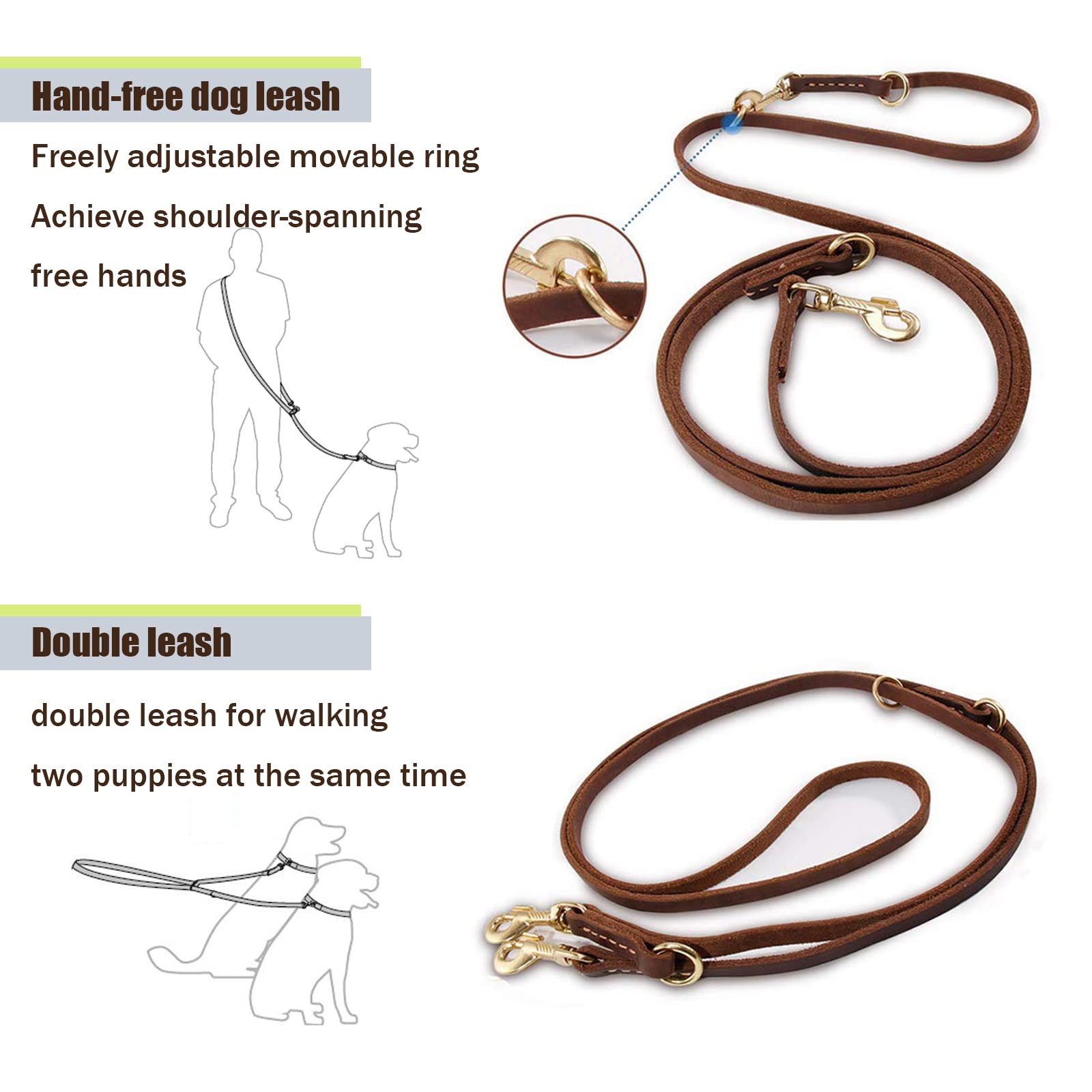 Lwbmg Multi Function Leather Dog Leash 8Ft Genuine Leather Leash For Dogs Hands Free Dog Leash Double Ended Dog Training Leash F
