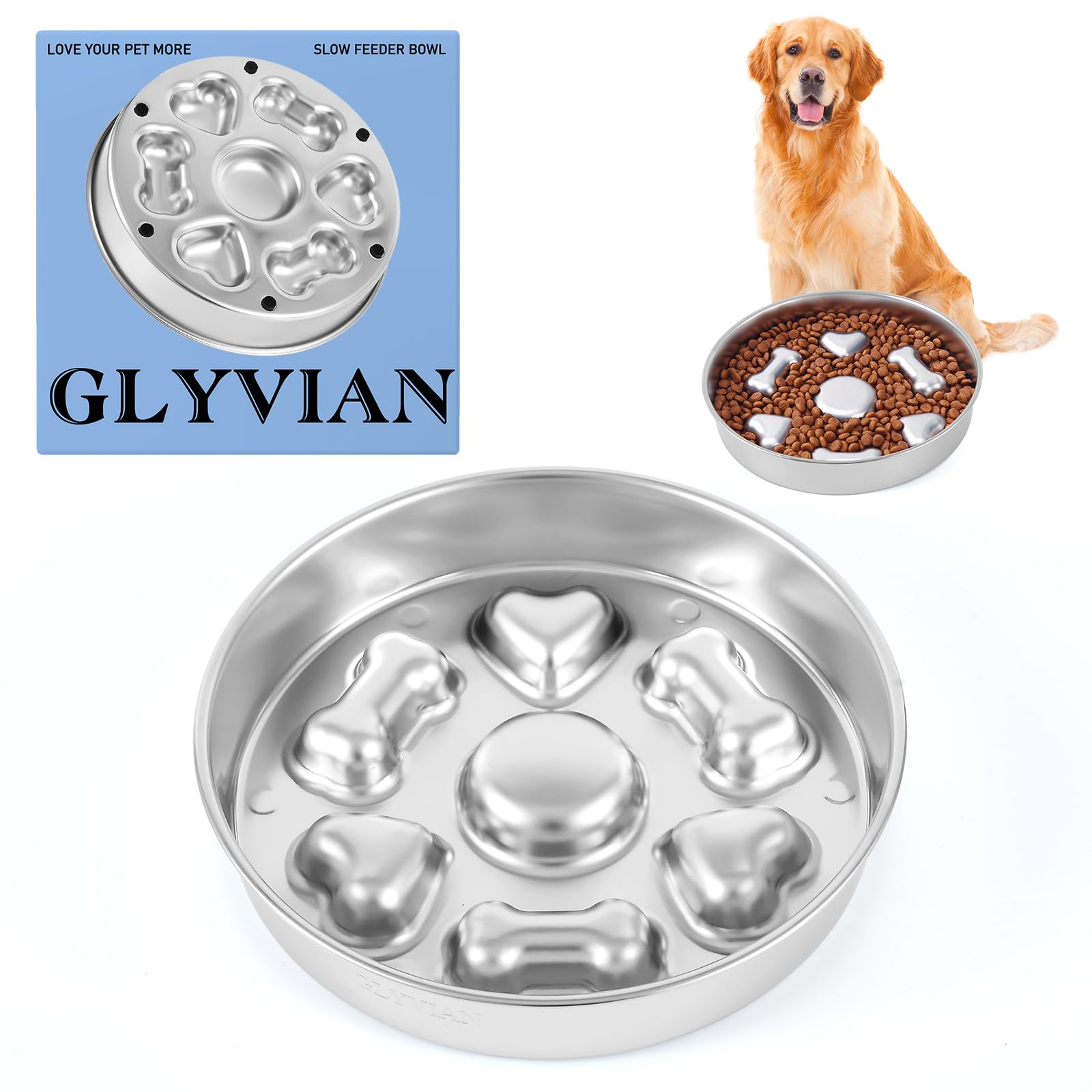 Glyvian Slow Feeder Dog Bowls, Stainless Steel With Non-Slip Rubber Base Metal Bowl, 4 Cups Large Capacity Slow Feed For Small, 