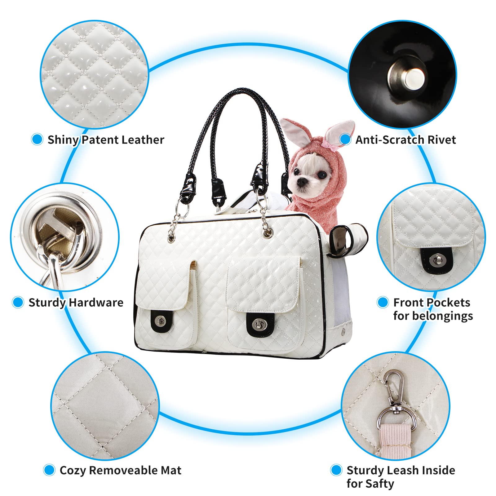 Betop House Soft-Sided Pet Travel Carrier Airline Approved For Pet Small Dog And Cat Collapsible, White Shiny Patent Leather