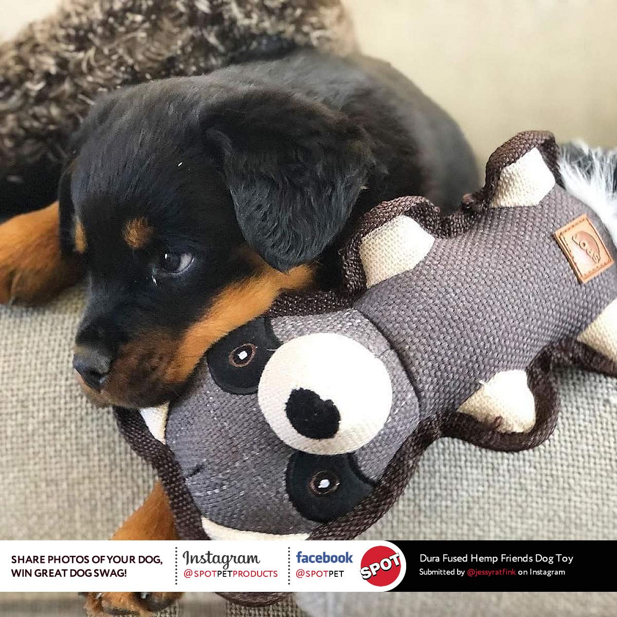 Spot Dura-Fused Hemp Friends - Dog Toy Made With Hemp Material, Fused With Tricot For Durablity, With Furry Plush Tail And Squeaker, Great For Light To Moderate Chewers - 18' Assorted Styles, 1 Piece