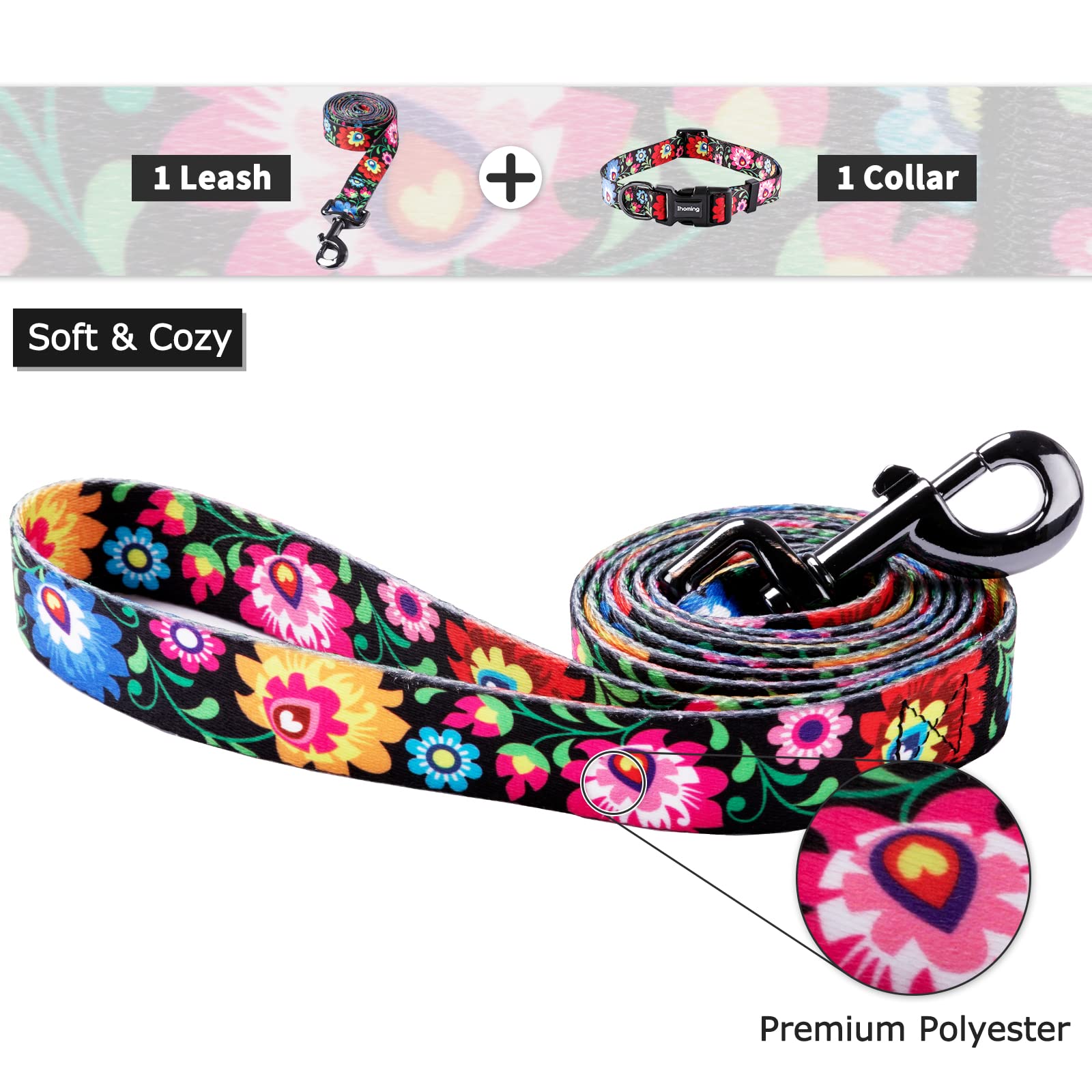 Ihoming Dog Collar and Leash Set for Daily Outdoor Walking Running Training, Black Colorful Flowers Design for Large Boys Girls
