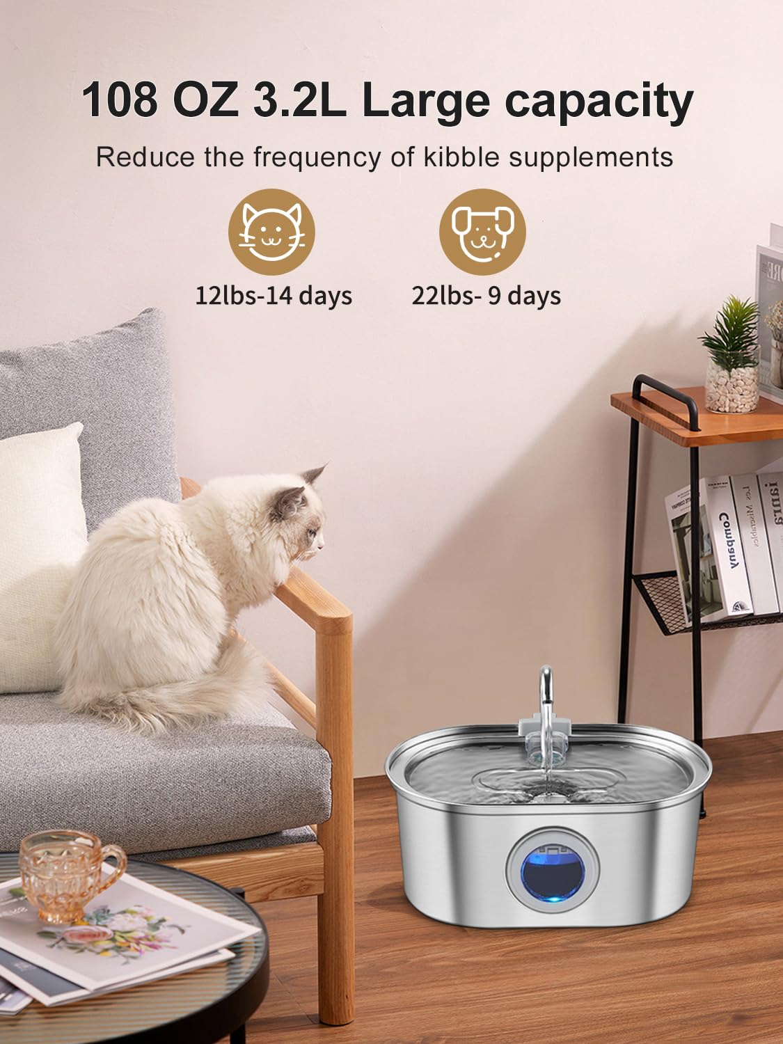 Cat Water Fountain Stainless Steel With Water Level Window,108Oz/3.2L Cat Fountain Quiet Automatic Pet Water Fountain For Cats And Small Dogs