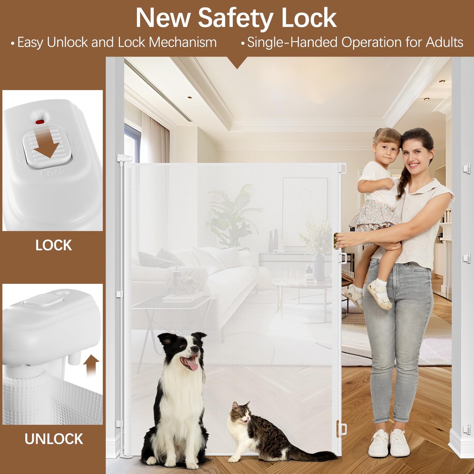 60 Inch Extra Tall Pet Gate Tall Retractable Baby Gate - No Jumping Over, Extends to 55'' Wide Retractable Gate Outdoor Tall Dog