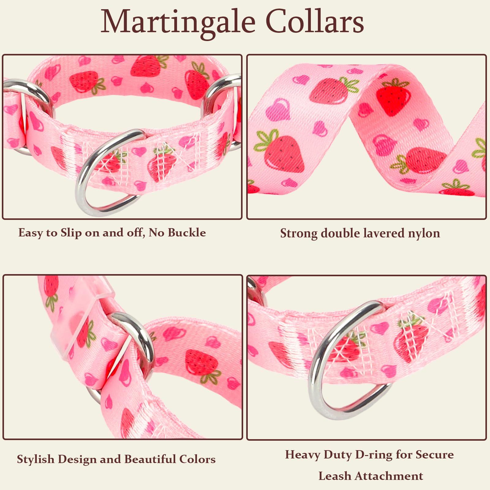 Onefojojo Martingale Collar For Dogs With Pink Strawberries