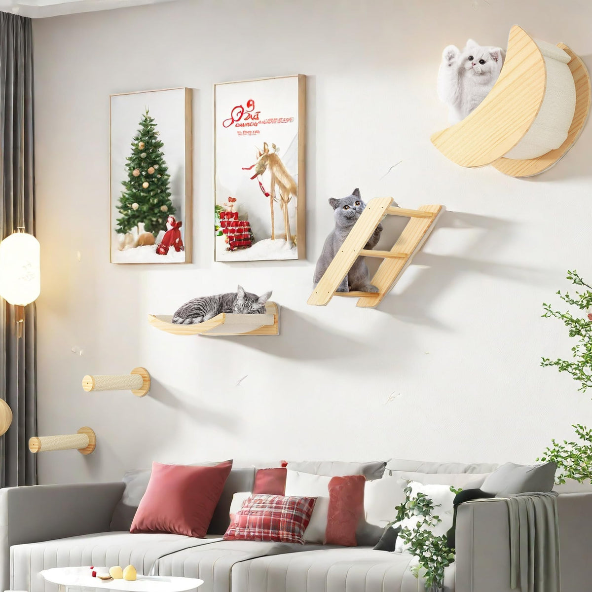 Yitahome Solid Wood Cat Wall Shelves And Perches - Pine Mounted Tree Set Of 5 With Moon House, Bridge Ladder, Indoor Climbing Co