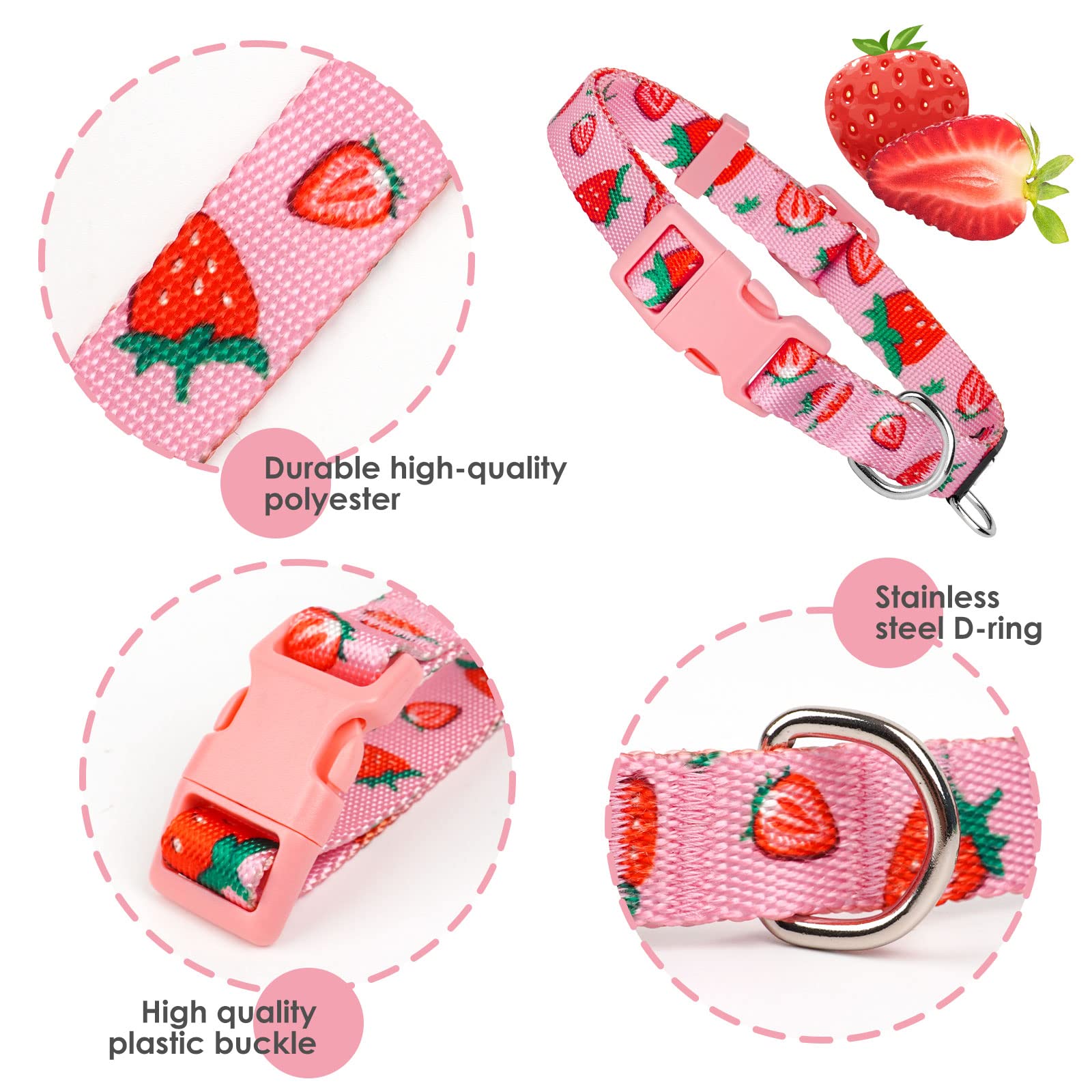 Azuza Dog Collar And Leash Set, Cute Strawberry Patterns On Pink Nylon Collar And Matching Leash, Great Option For Extra Small Dogs