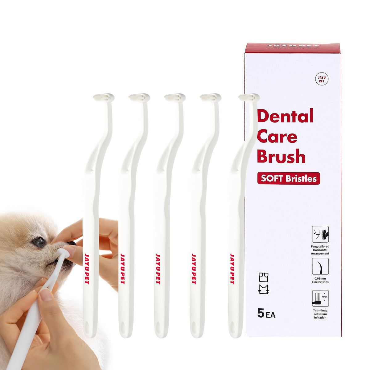 Jayu Pet Dental Care Brush (Soft Bristles) 5Ea - Toothbrush For Cat And Small Dog With Horizontal Head & Easy Grip Handle