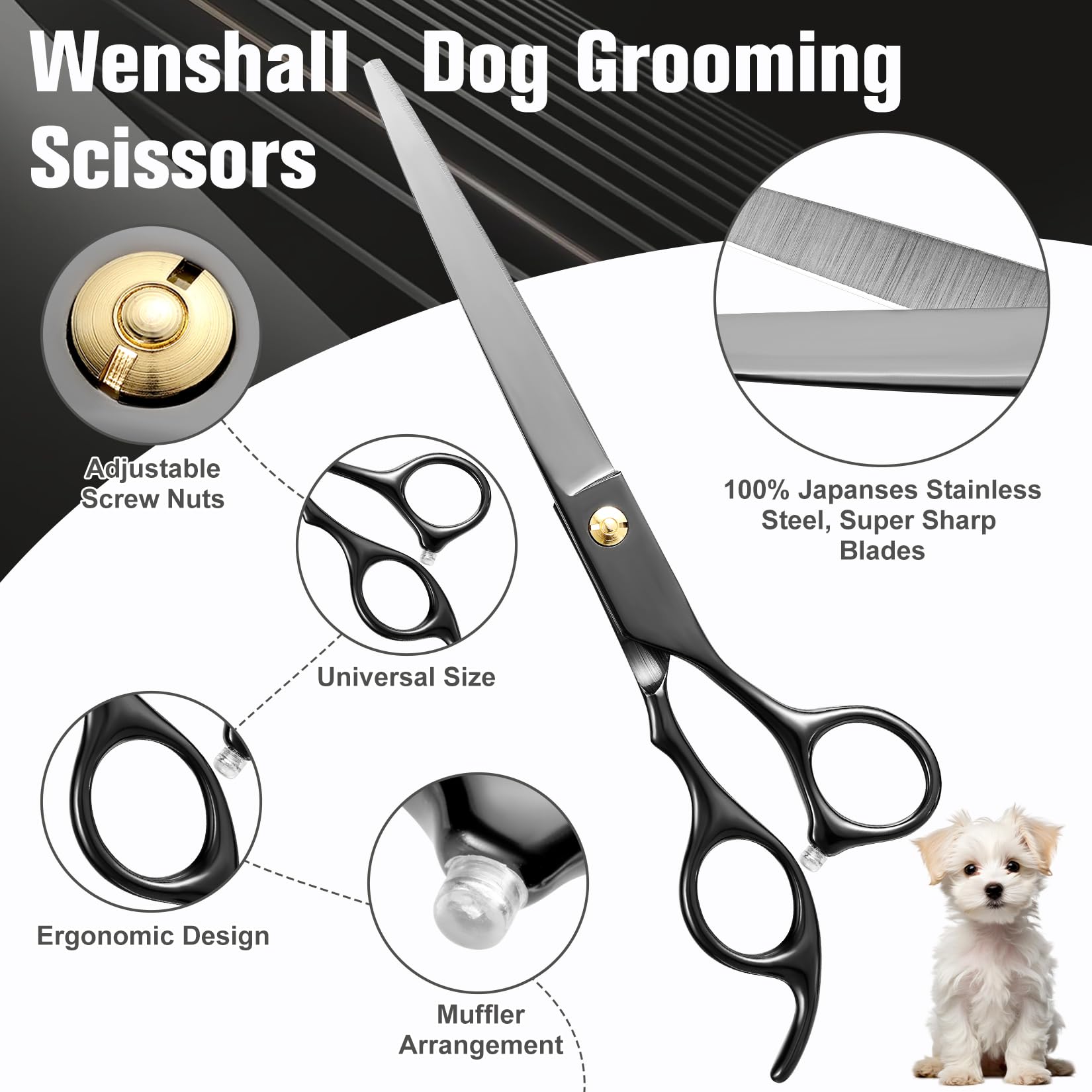 Wenshall Professional Dog Grooming Scissors Set - 6.5'' Thinning, 7'' Straight, 7'' Up-Curved, 7'' Down-Curved Scissors And Comb