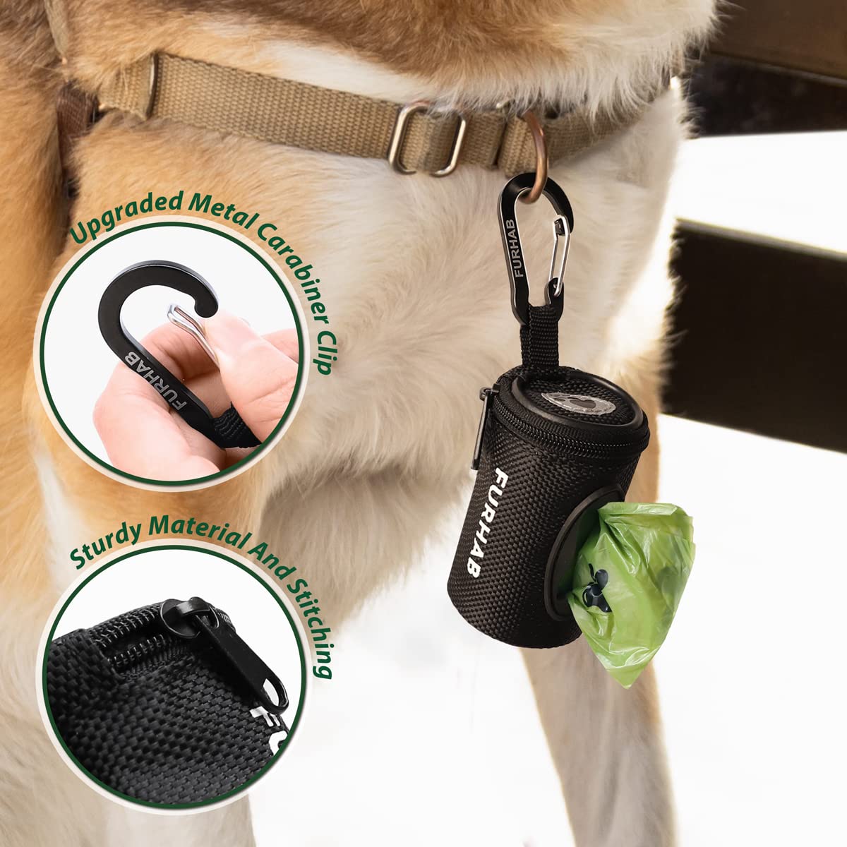 Furhab Dog Poop Bag Holder For Leash Doggie Waste Bag Dispenser Soft Fabric Puppy Potty Carrier Small Doggy Zipper Pouch With Carabiner Clip With 1 Roll Of Pet Trash Bags, Black