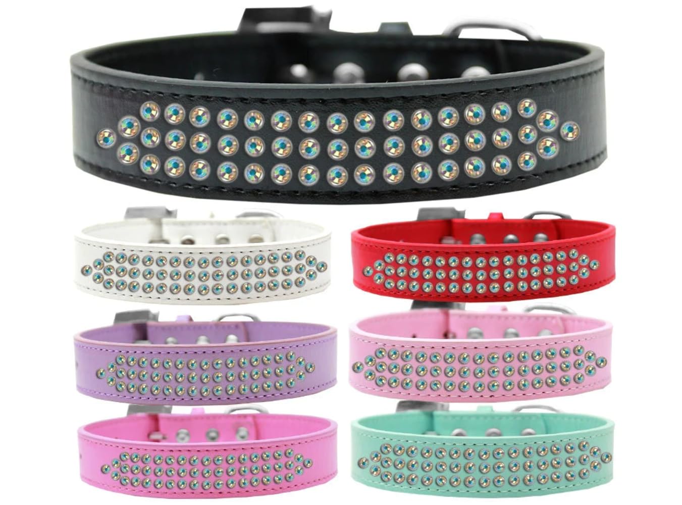 Dog, Puppy & Pet Fashion Collar, Three Row Aurora Borealis Crystal Rimsets Aqua 12