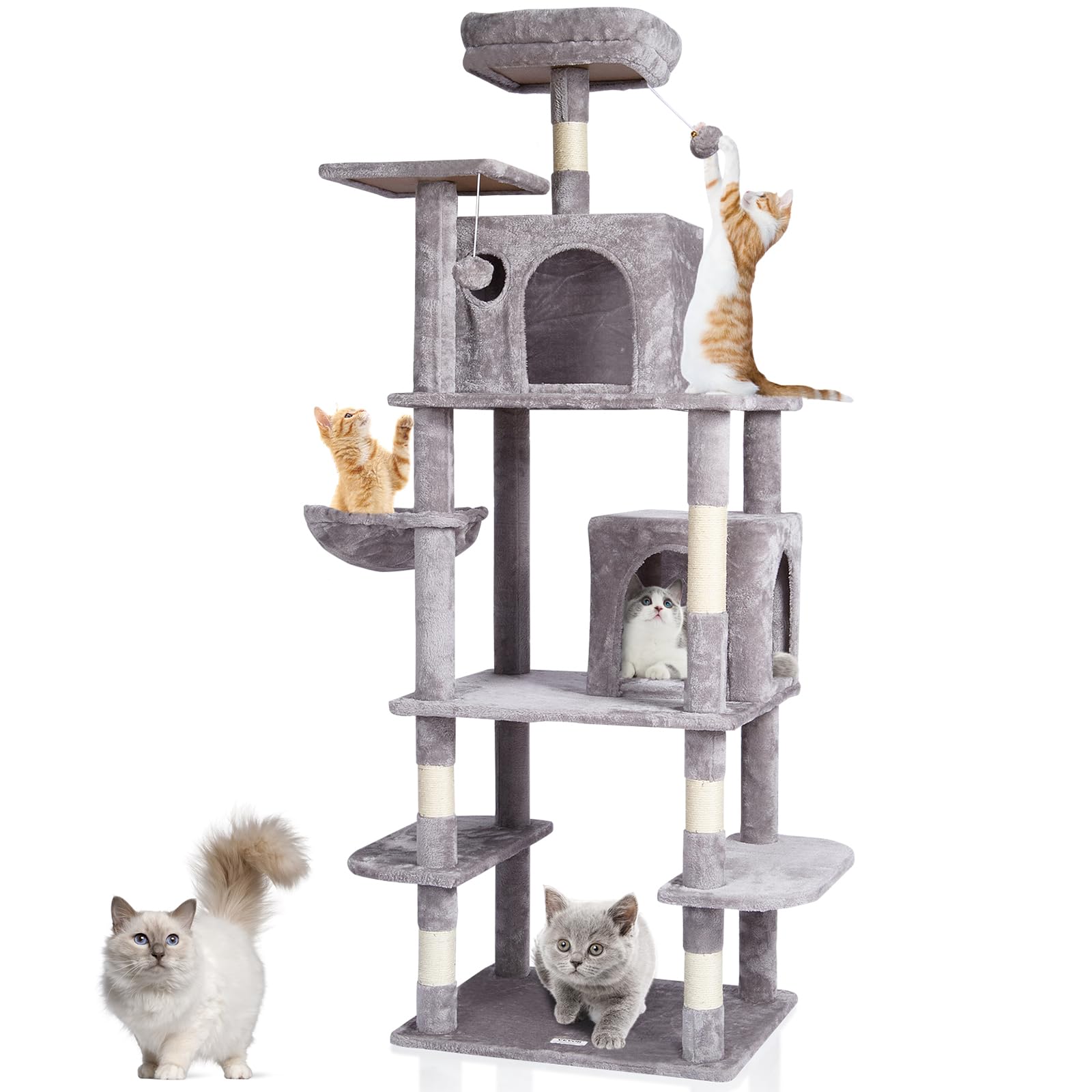 VEVOR Cat Tree 68.5 Cat Tower with Cat Condos Sisal Scratching Post Light Grey
