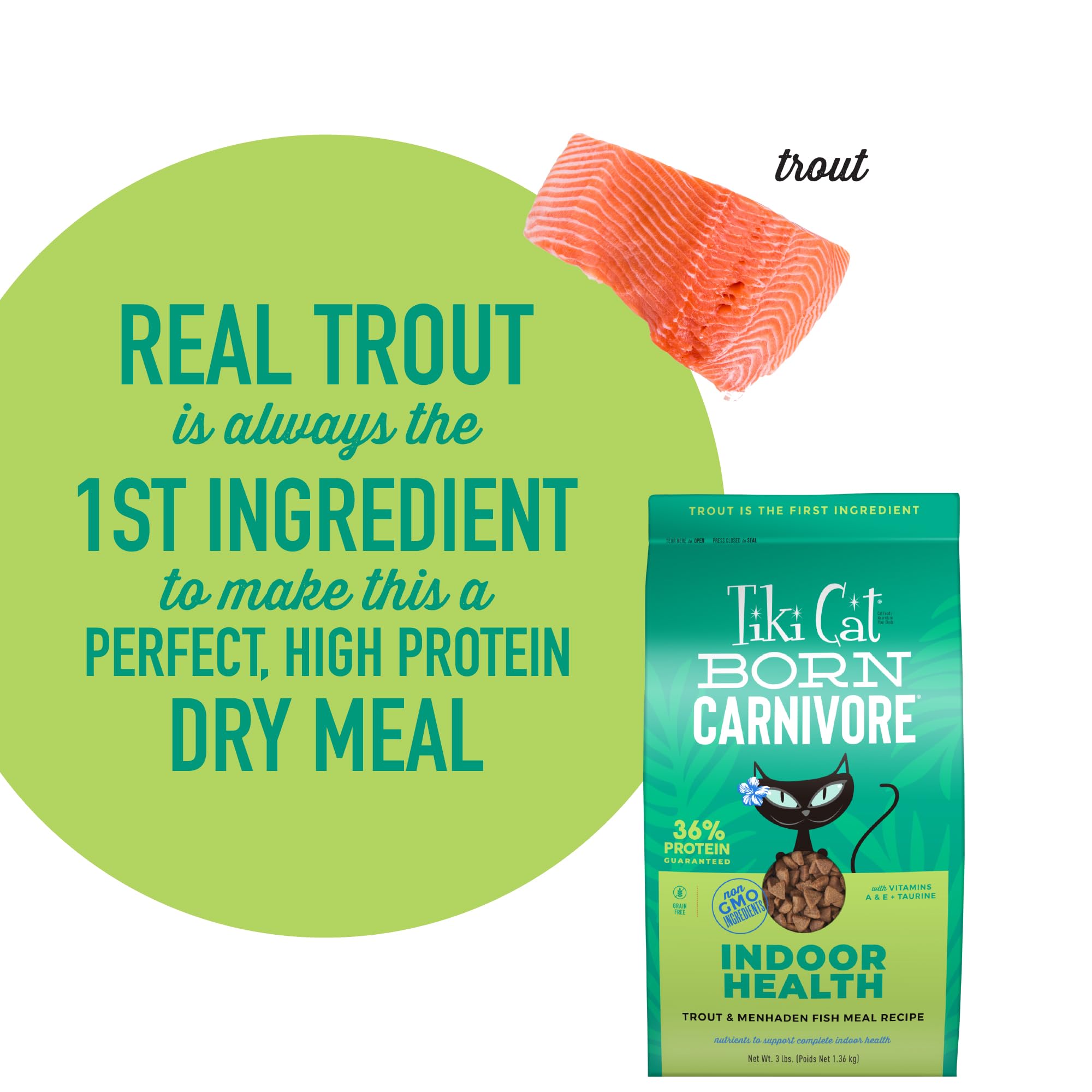 Tiki Cat Born Carnivore Indoor Health Dry Cat Food, Trout & Menhaden Fish Meal, 3 lbs. Bag