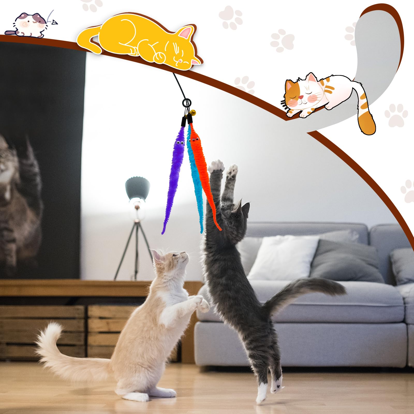 Rosaui 14Pcs Cat Feather Toys Refills Cat Wand Toy Replacement Colorful Worns Attachments, Cat Mouse Toys Refills, Cat Fishing P