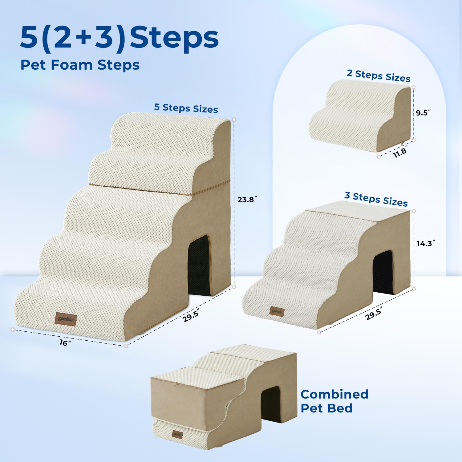 ZOMISIA Dog Steps for High Beds - 5 Step 23.8 Pet Stairs with Tunnel 2 in 1 with Zippers Suitable for Small Dogs and Cats, Indoo
