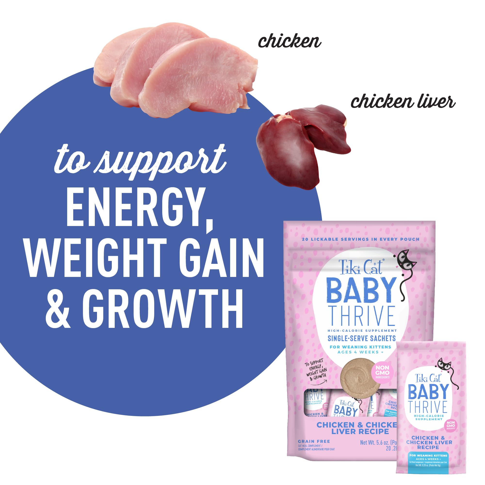 Tiki Cat Baby Thrive, Chicken & Chicken Liver, High-Protein & Flavorful, Wet Cat Food for Kittens 4 Weeks+, 5.6 oz. Pouches (Pac