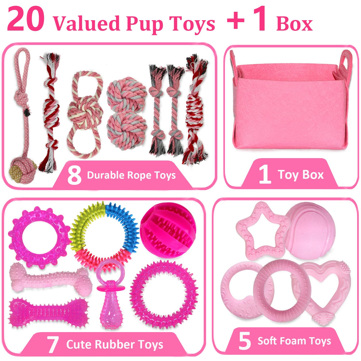 PawsAion Puppy Toys Set - 20 Pack Pink Dog Chew Toys for Teething Small Breeds - Tough Rope Toys for Puppies, Cute Soft Rubber T