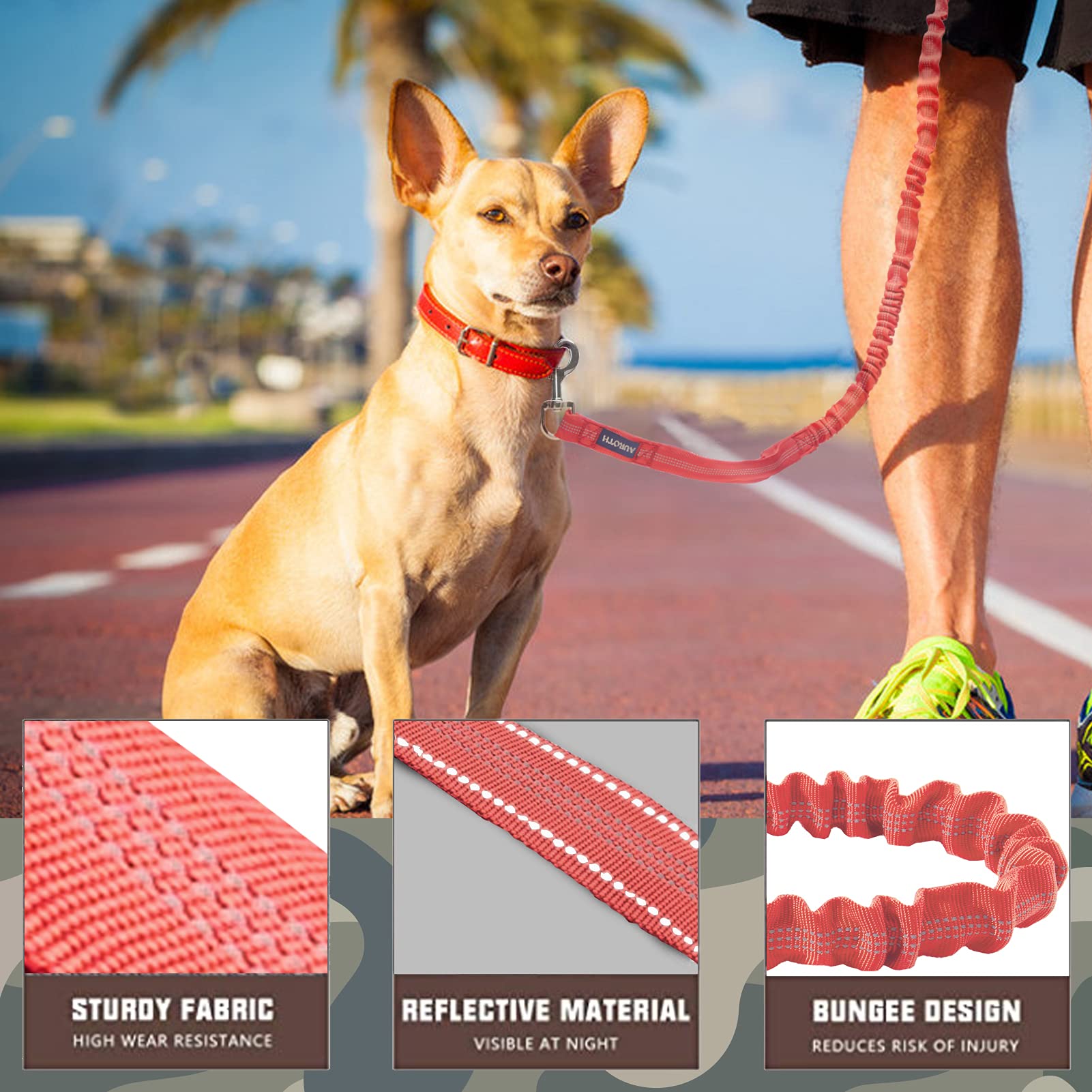 AUROTH Heavy Duty Dog Leash for Large Dogs, 6FT Bungee, Red, Nylon with 2 Padded Handles, No Pull Shock Absorption