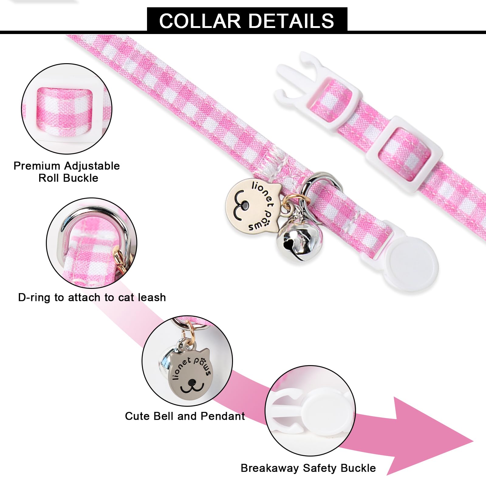 Lionet Paws 2Pcs Pack Cotton Cat Collar,Breakaway Buckle With Green Pink Grid And Brand Pendant Cute Adjustable Cat Kitten Colla