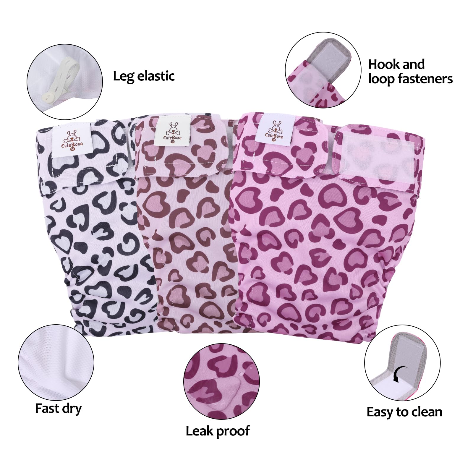 Cutebone Washable Dog Diapers Female No Tail Hole 3 Pack Reusable Doggie Period Training Pants For Docked-Tail Frenchie French Bulldog Boston Terrier Without Tail Wwd18M