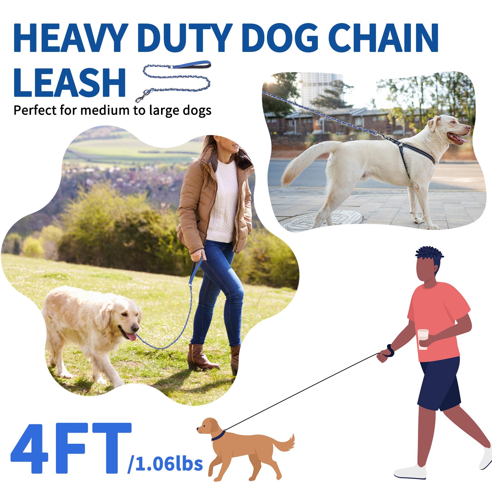 Homimp Heavy Duty Chew Proof Leash 4 Ft, Reflective For Medium Large Dogs, Metal Training With Soft Padded Handle, Strong Rope F