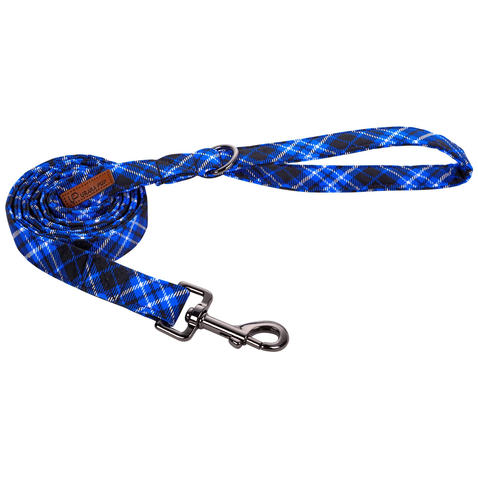 Up Urara Pup Dog Leash & Collar Set, Sturdy Durable Cotton, Blue Plaid, Christmas Pattern For Small To Large Dogs